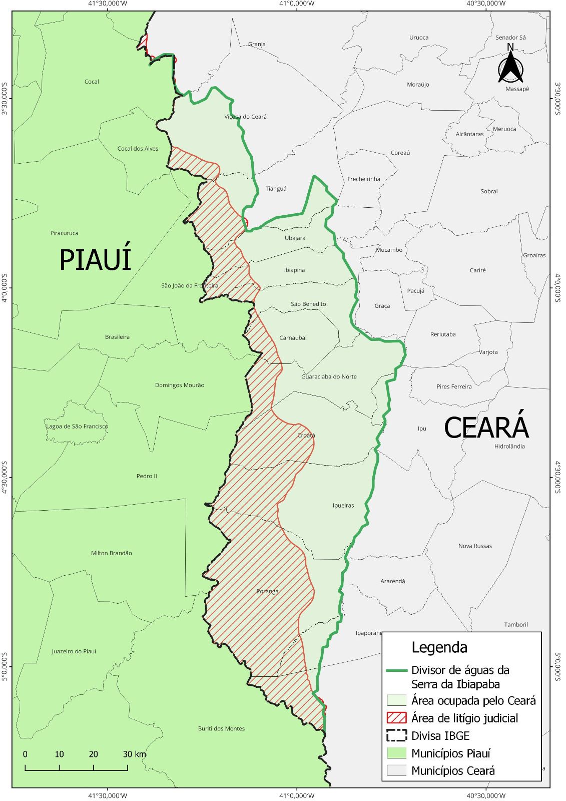 Mapa mostra a área de litígio entre Piauí e Ceará