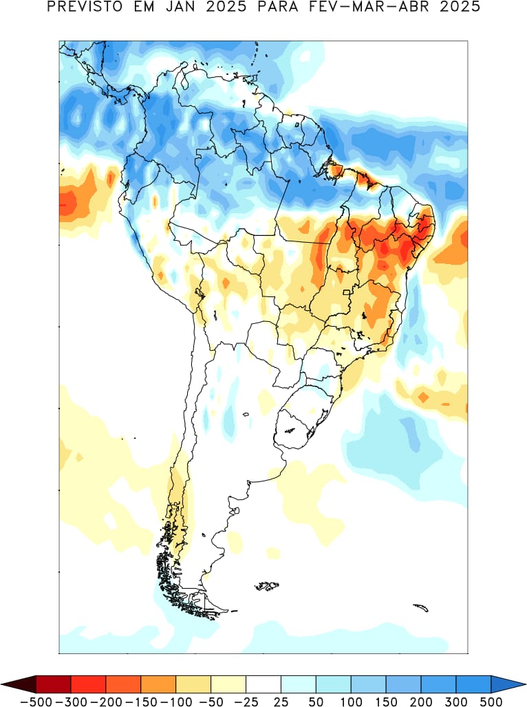 Modelagem trimestral de anomalia de chuva prevista: fevereiro - março - abril de 2025 do INPE