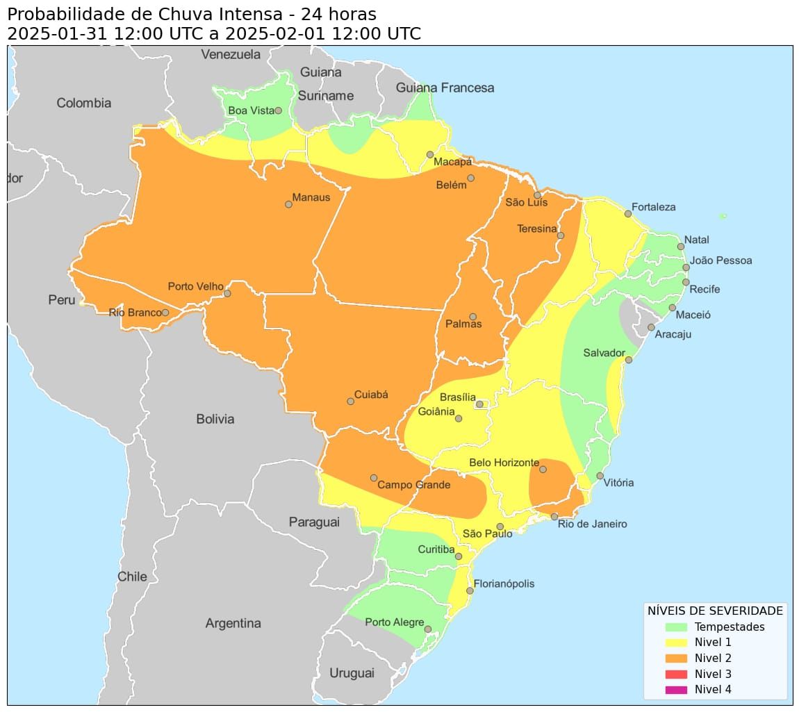 Modelagem de previsão de chuva intensa do CPTEC - INPE para 24 horas